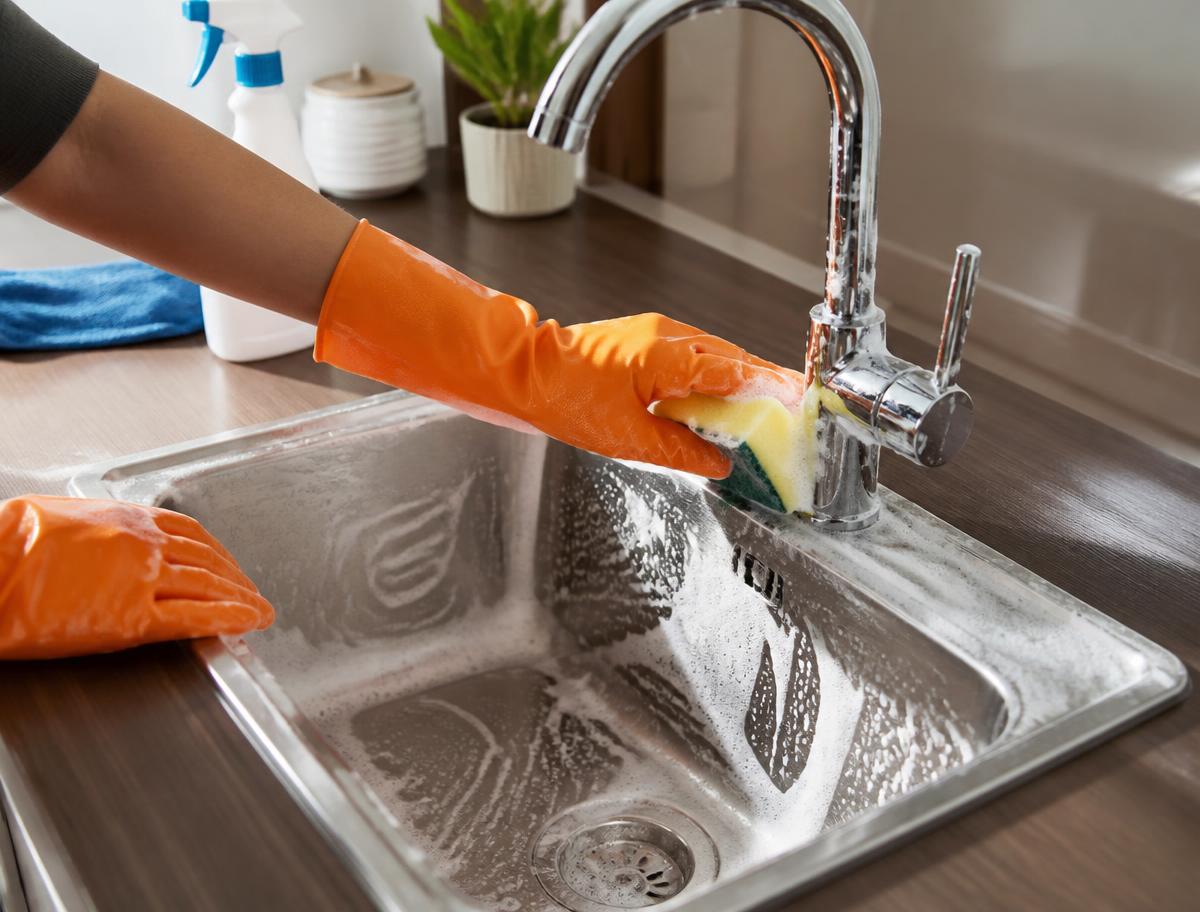 Gloved hands scrubbing a stainless steel kitchen sink with foam until it shines