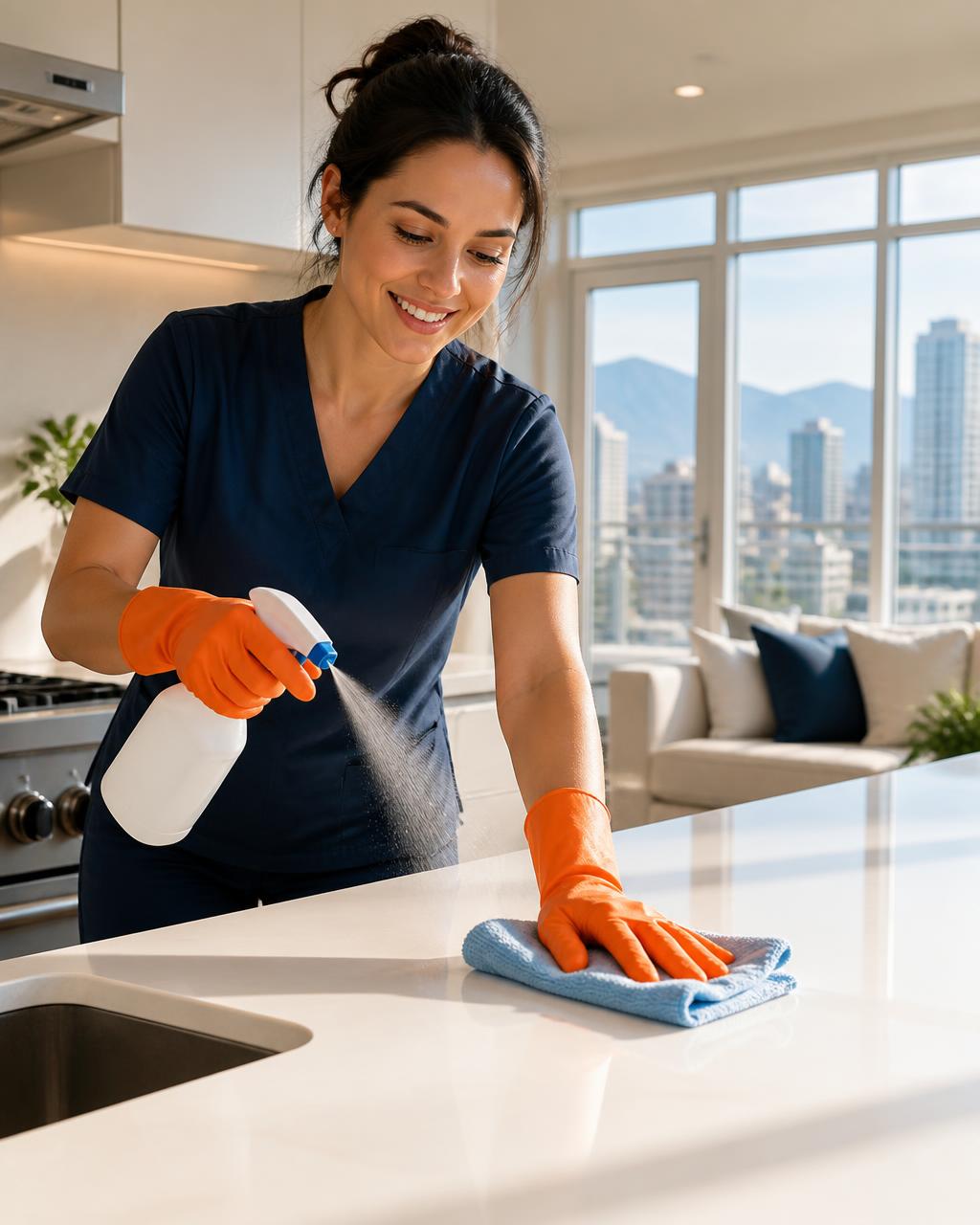 QuickHands cleaner in a navy uniform spraying and wiping a kitchen counter in a bright Vancouver apartment