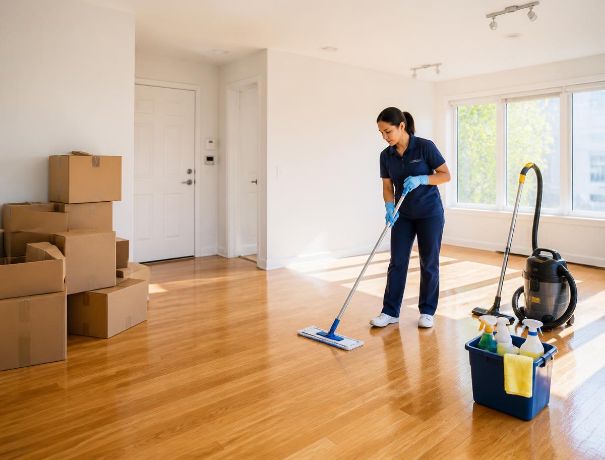 Cleaner mopping hardwood floors in an empty apartment beside stacked moving boxes