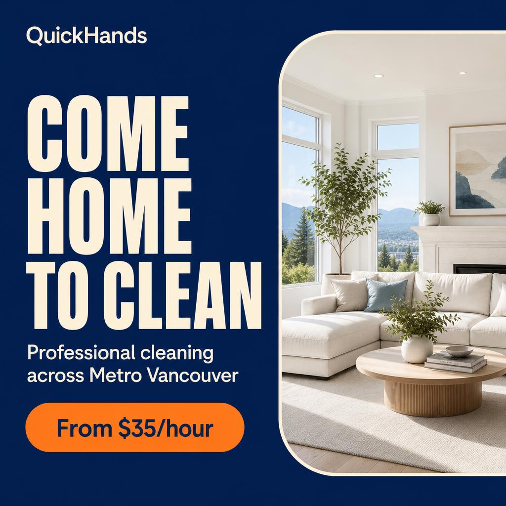 QuickHands campaign creative: Come Home to Clean — professional cleaning across Metro Vancouver, from $35 per hour